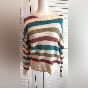 So Me Women's Sweater with Teal, Olive, and Maroon Stripes